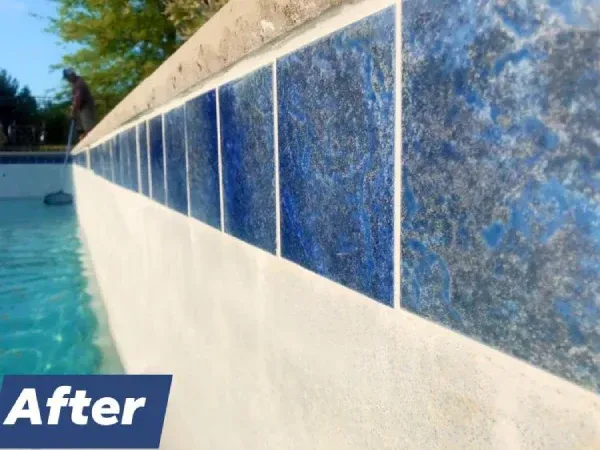 Blue-and-white tiled pool wall with waterline staining, labeled “After” in the lower left