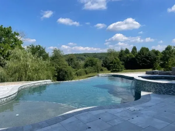 Curved outdoor swimming pool with stone patio, trees, and a blue sky with clouds in the background