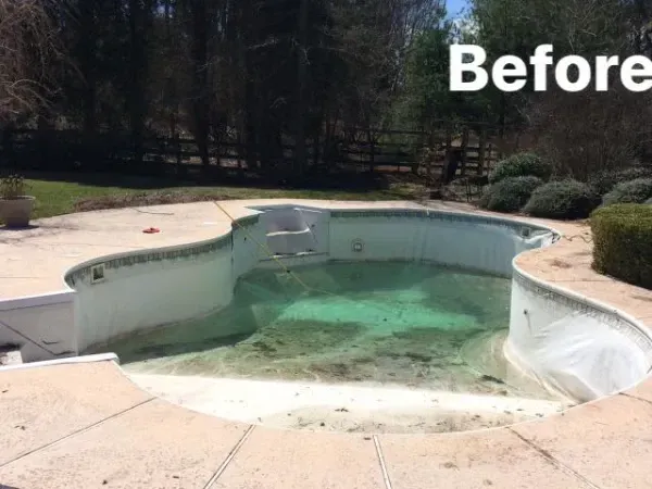 Empty, green-tinged swimming pool in a backyard, labeled “Before”
