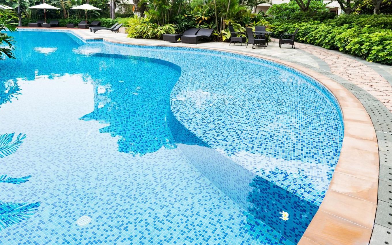 Curved blue swimming pool with tiled edge, lounge chairs, and lush tropical greenery around it