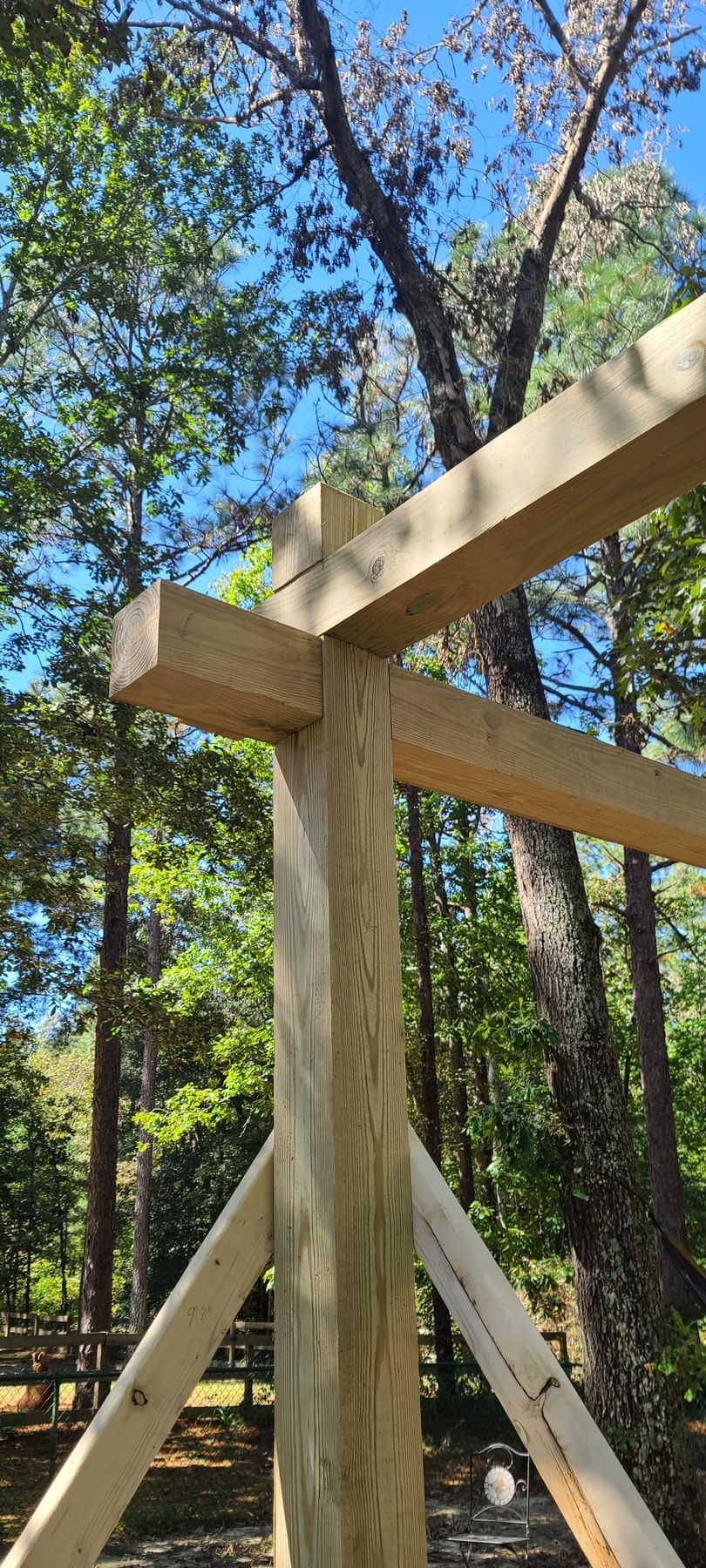 Wooden beam framework under construction in a sunny forest clearing