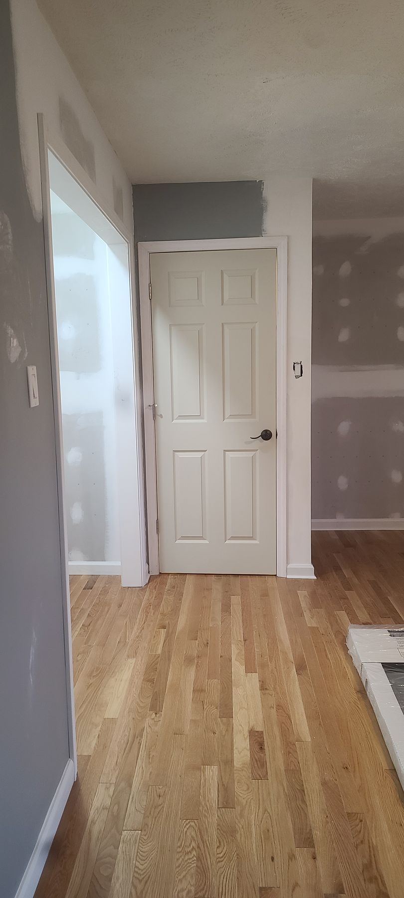 Empty hallway with wood floors and white door in a gray-walled room