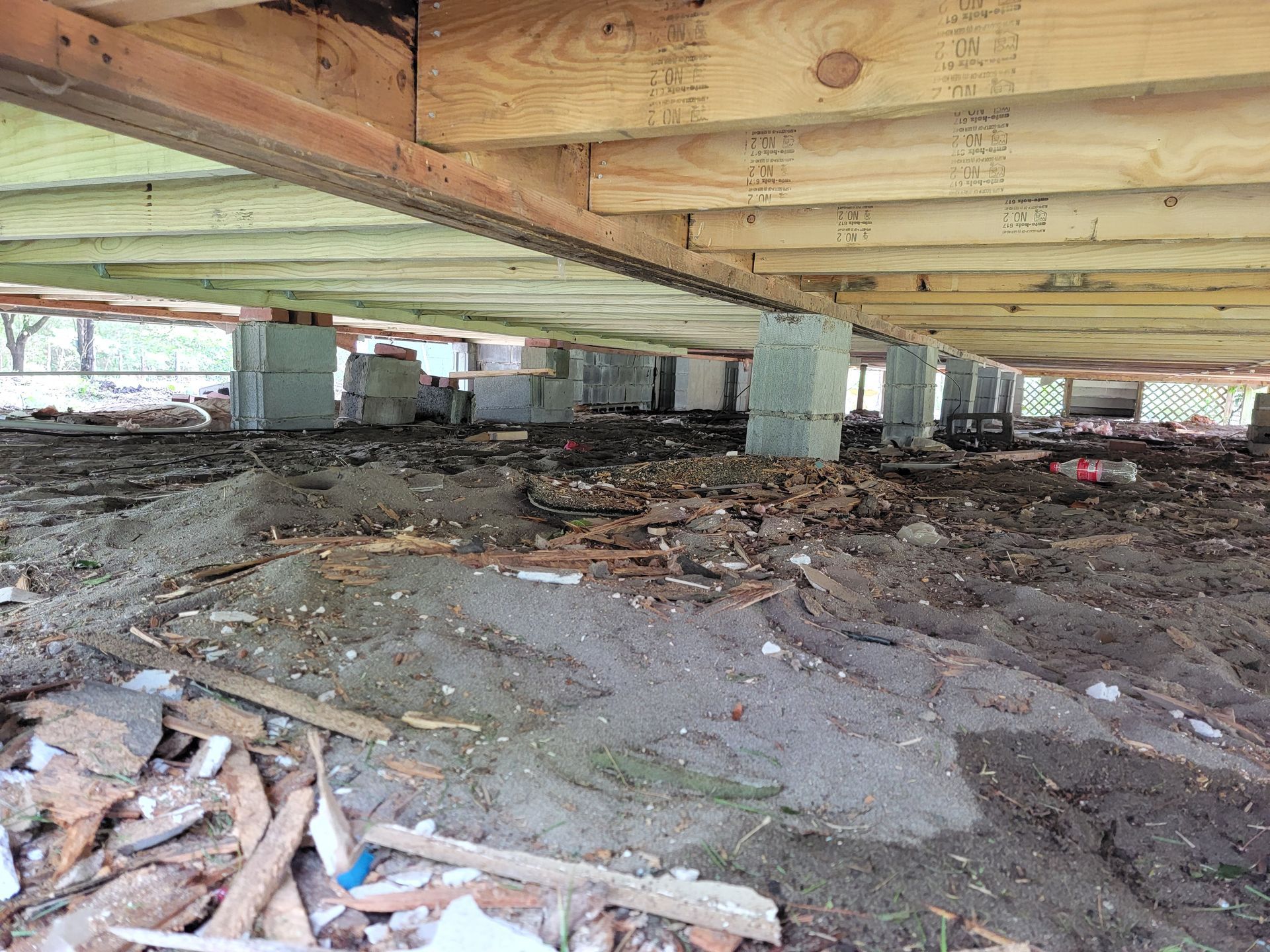 Under a raised wooden structure, a muddy, debris-filled crawlspace with concrete supports