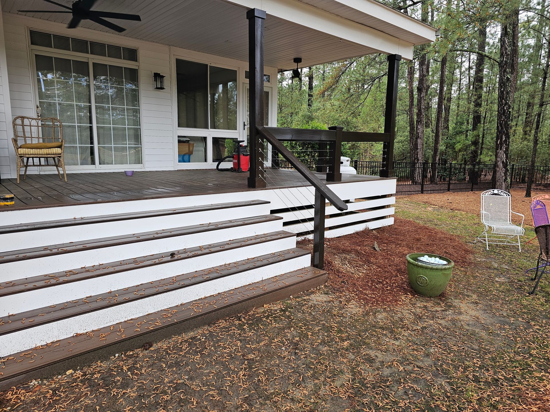 Front porch with white steps, black railings, and a glass door beside a wooded yard and potted plant.