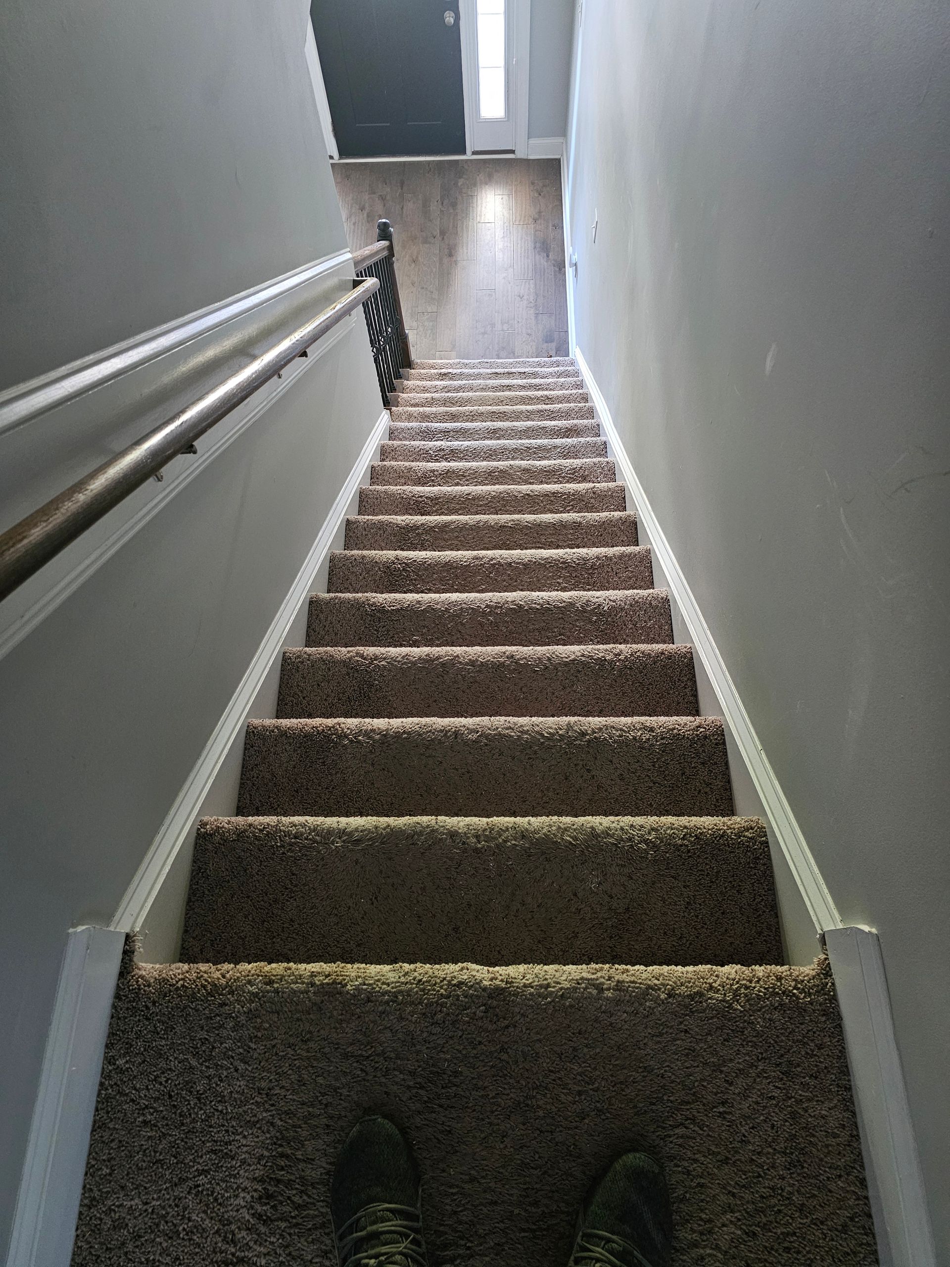 Carpeted stairway in a narrow hallway, viewed from the top looking down.