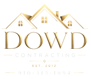 Gold logo for Dowd Contracting with house roof icon and contact number below