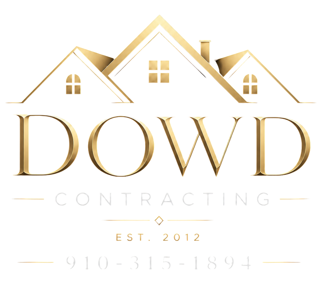Gold logo for Dowd Contracting with house roof icon and contact number below