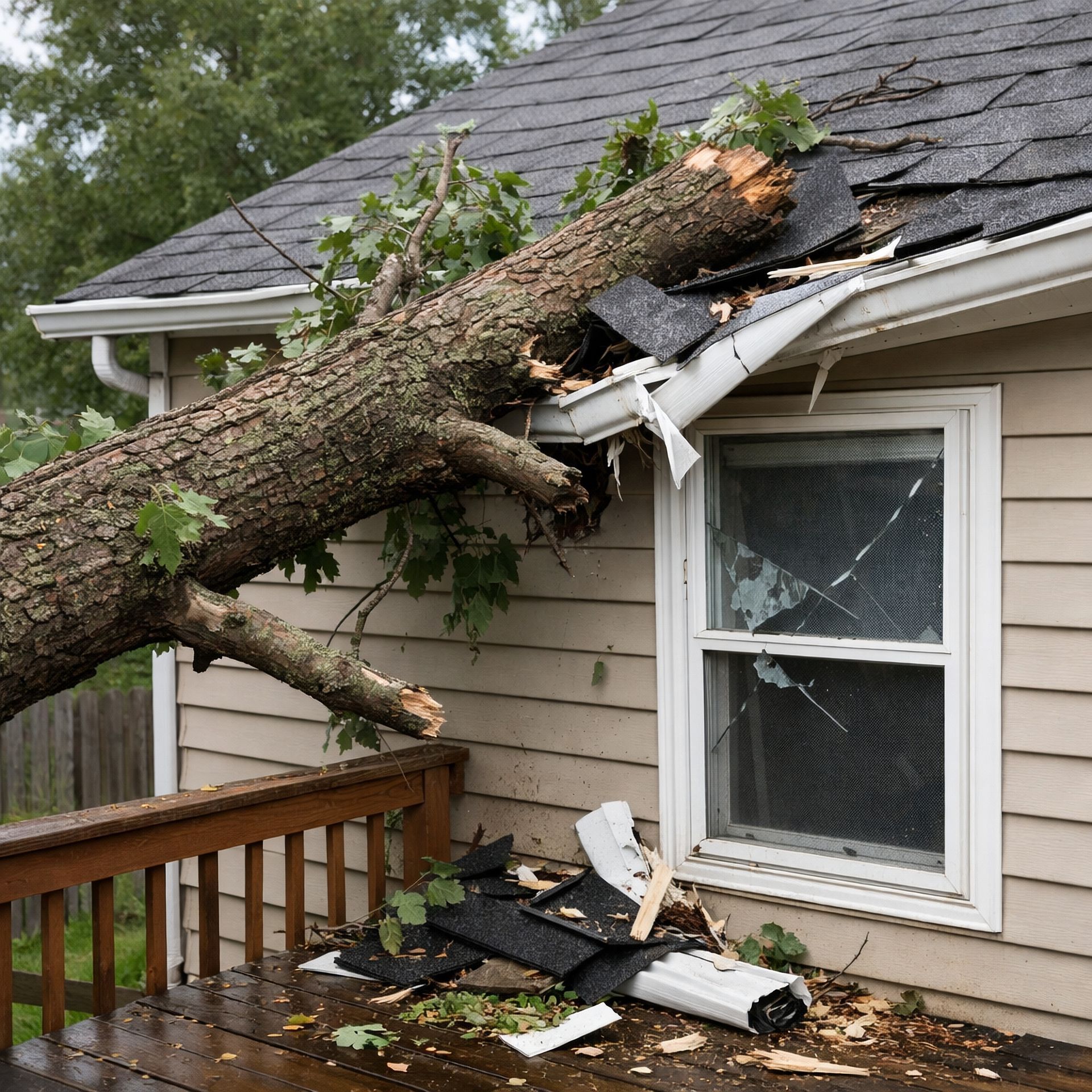 Fallen tree trunk crushed onto a house roof above a window, with debris on the ground.