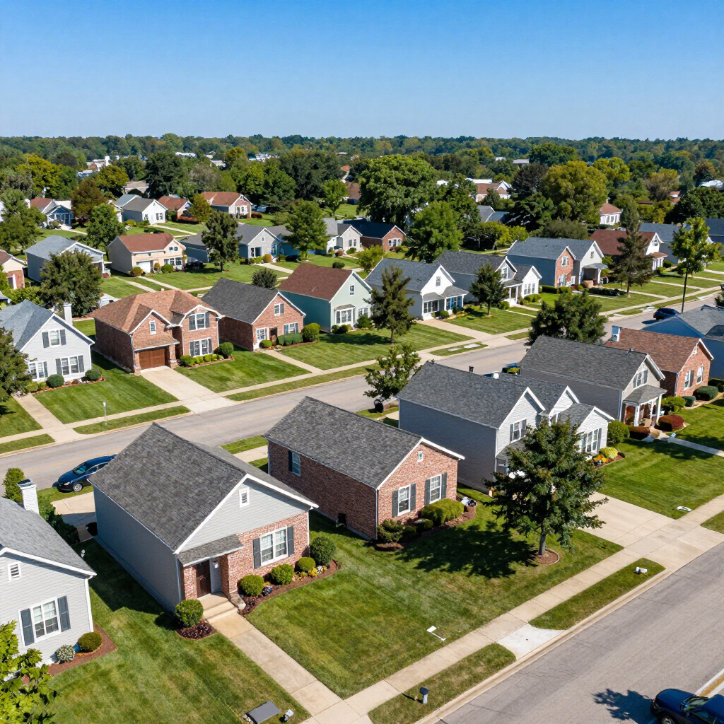 Aerial view of a suburban neighborhood with rows of houses, lawns, and tree-lined streets.
