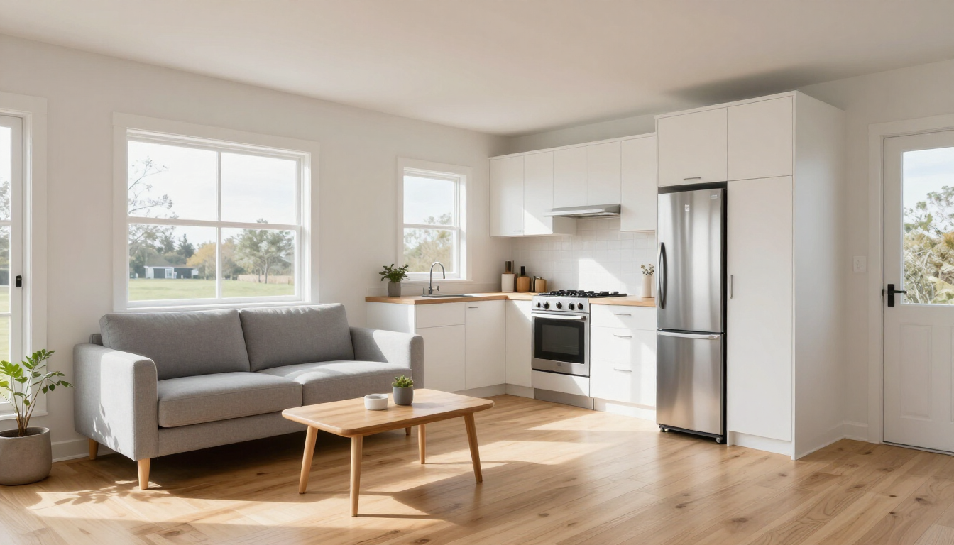 photorealistic modern backyard guest house interior natural lighting open floor plan hardwood floors high quality furniture