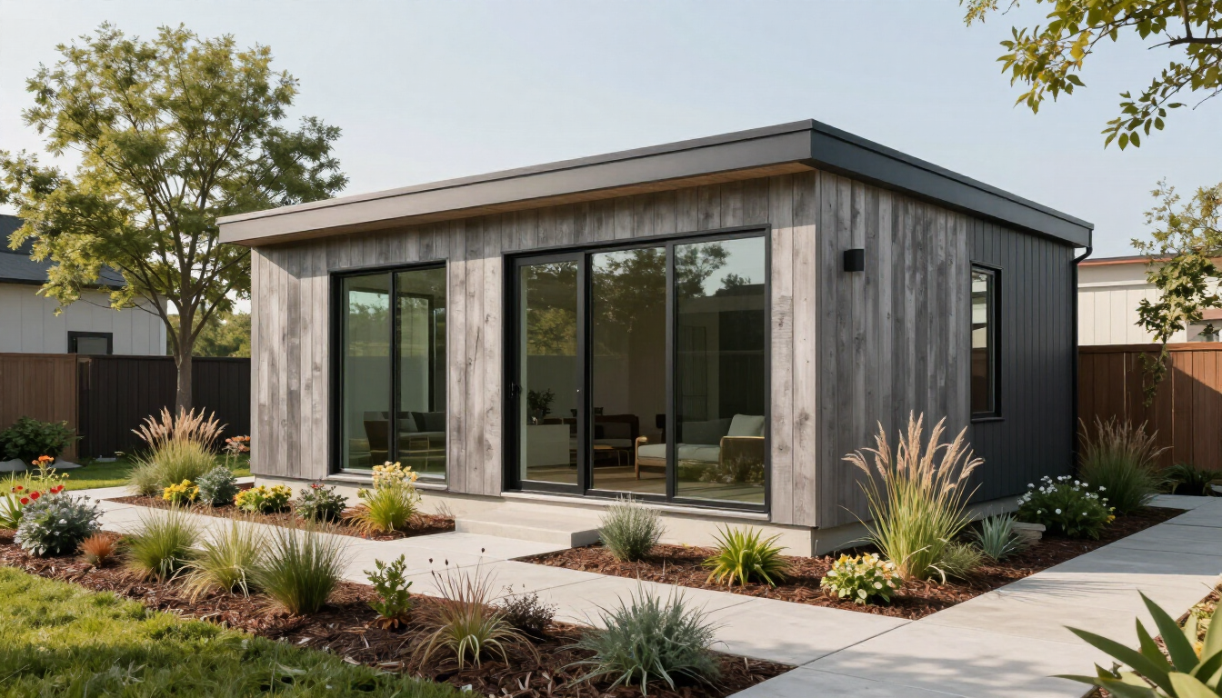 A comparison of a tiny home on wheels and a permanent ADU in a backyard setting.