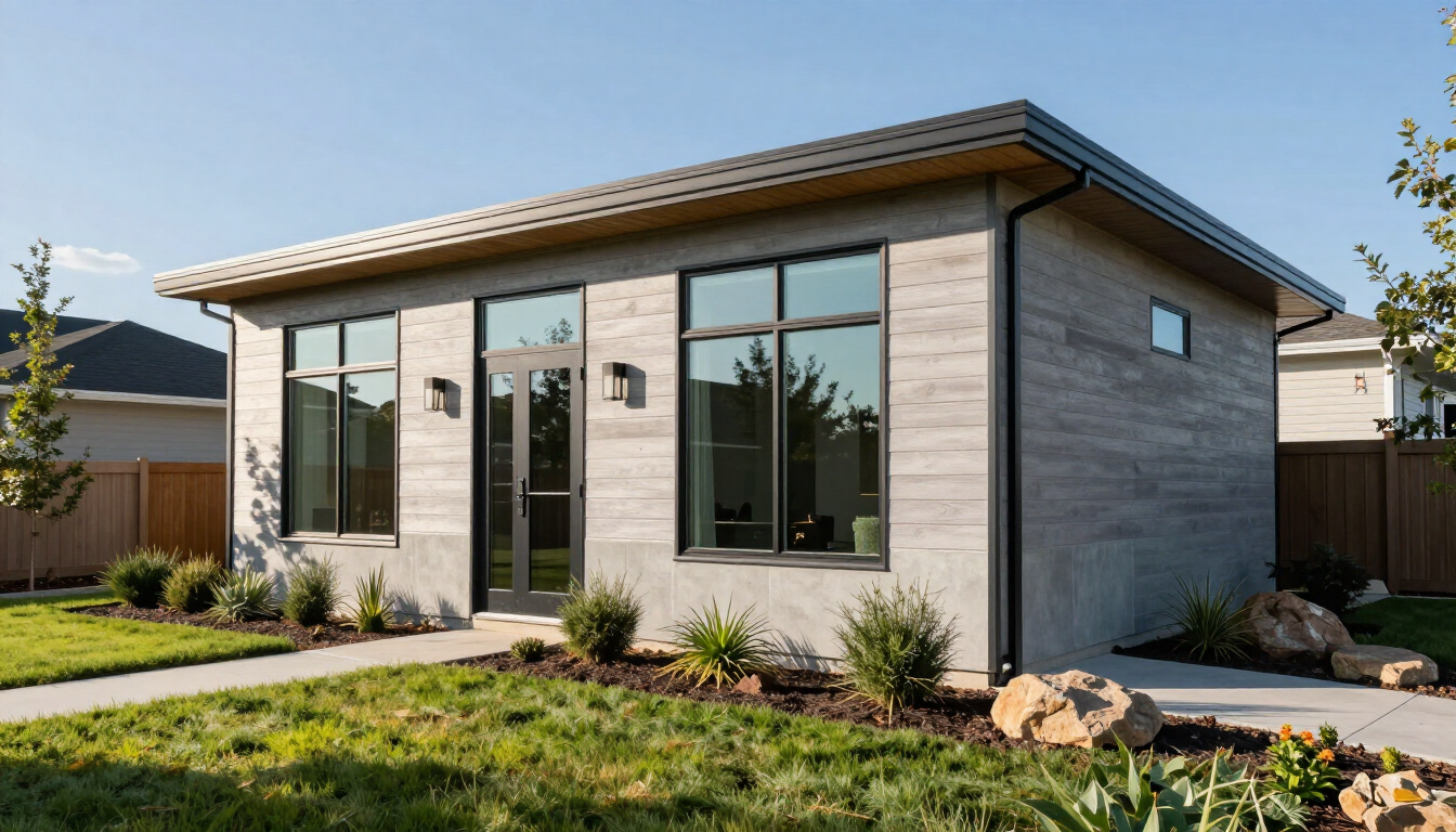 Modern tiny home exterior in Olathe backyard
