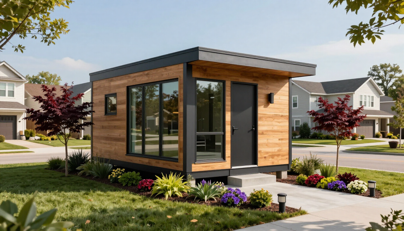 A photorealistic modern ADU in a Kansas City backyard, illustrating the final result of the ADU construction timeline.