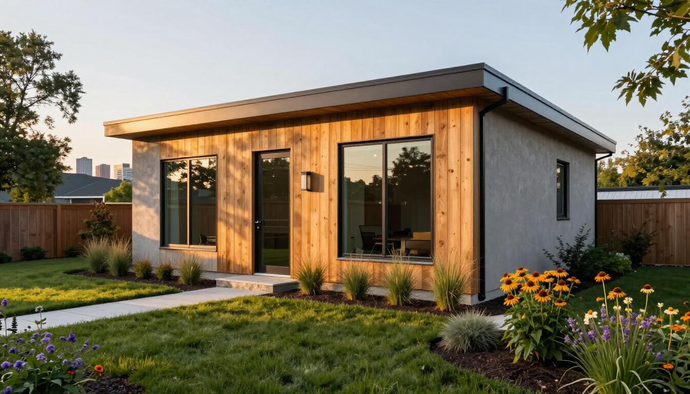 Exterior view of a beautifully finished garage conversion and a detached ADU comparison.