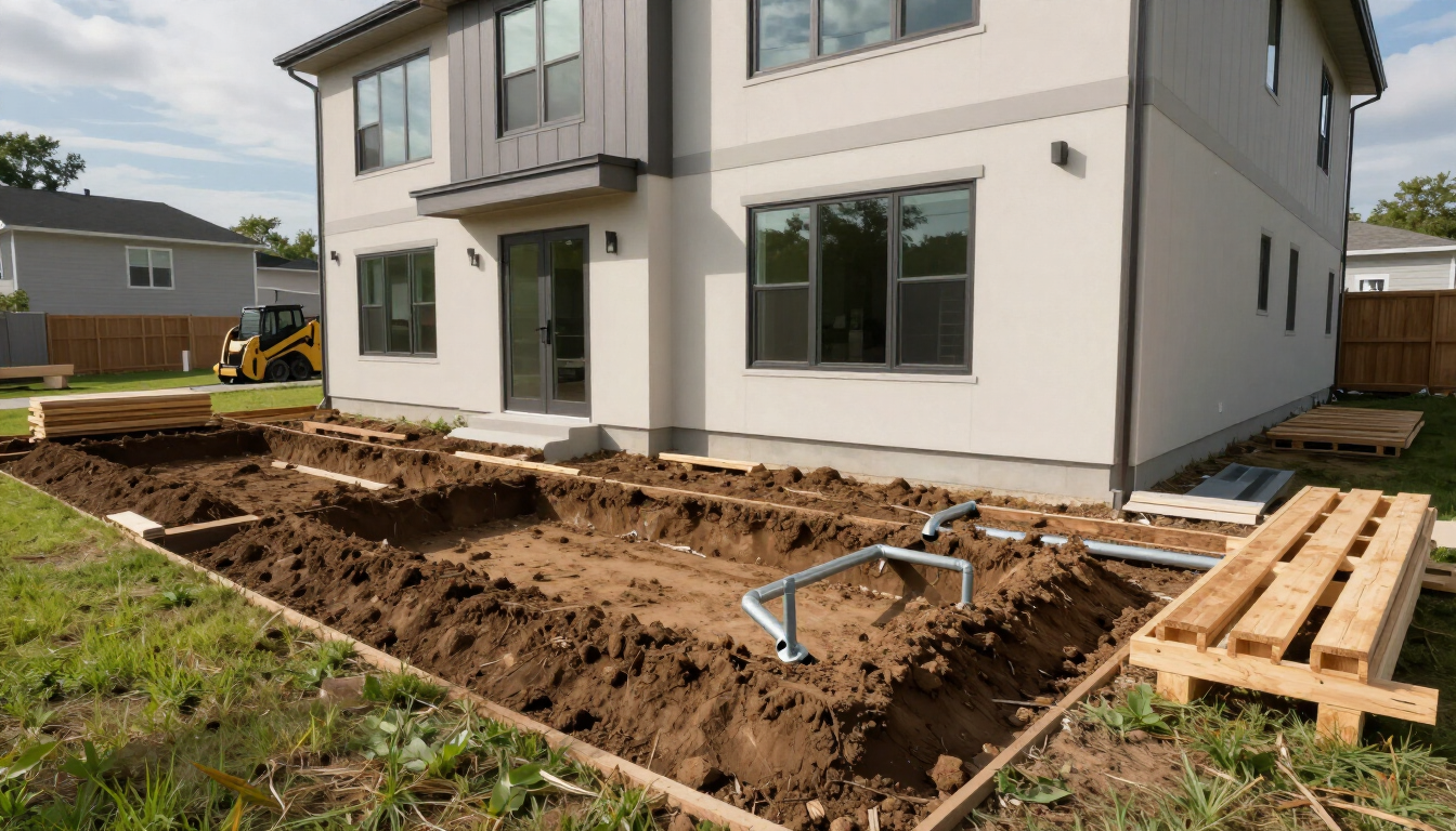Modern ADU construction site with utility trenching in Kansas City.