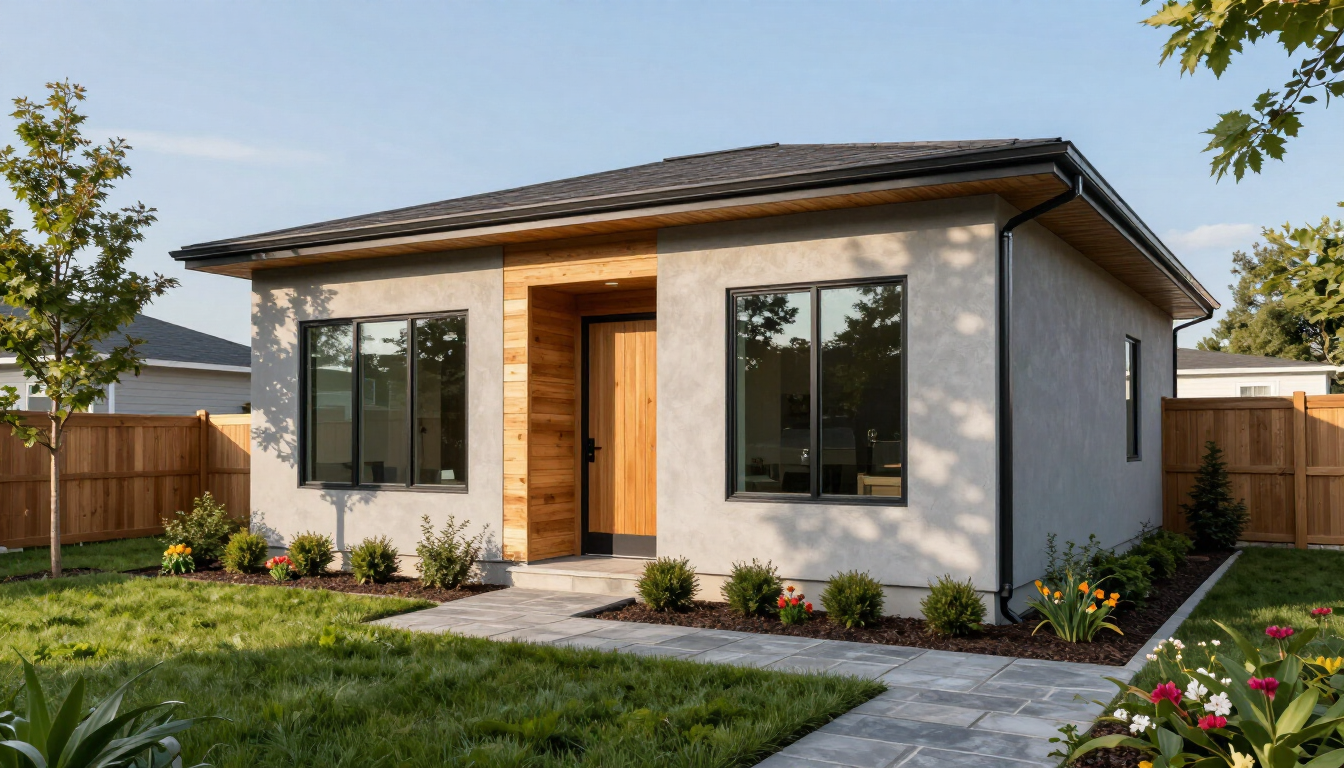 photorealistic modern detached accessory dwelling unit adu in a suburban backyard landscaping sunlight kansas city style