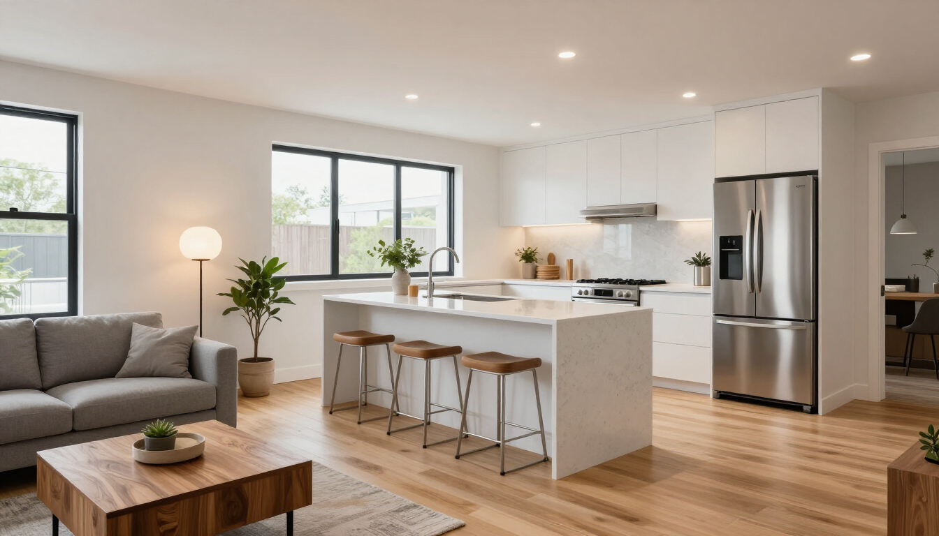 photorealistic interior of a 600 sq ft one-bedroom ADU layout open concept kitchen living room modern finishes