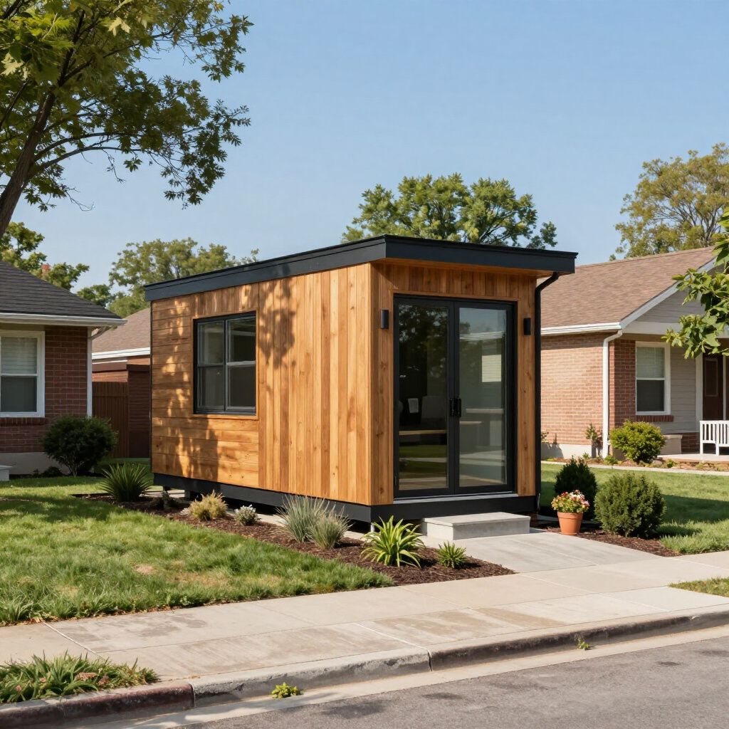 Small modern wooden backyard office pod with black trim beside a suburban sidewalk