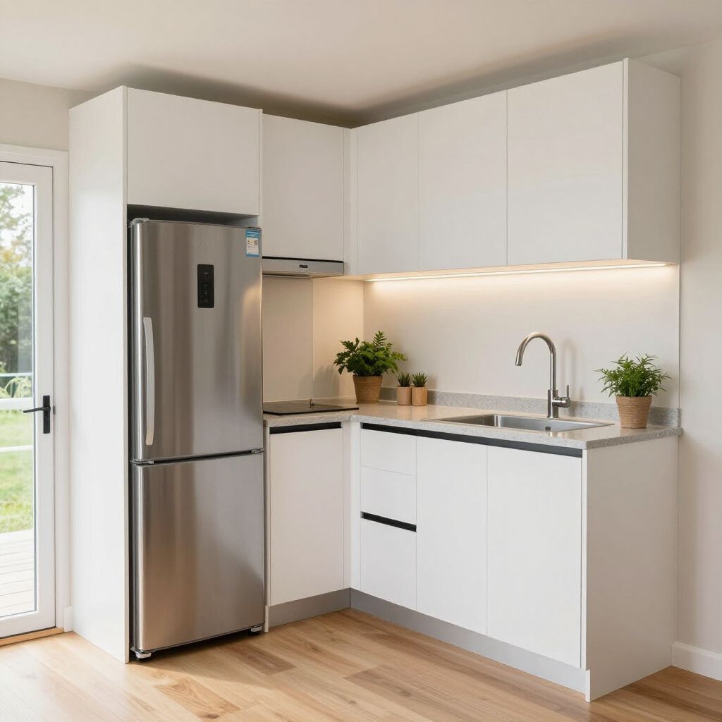 Modern white kitchen with stainless steel fridge, sink, under-cabinet lighting, and wood floor