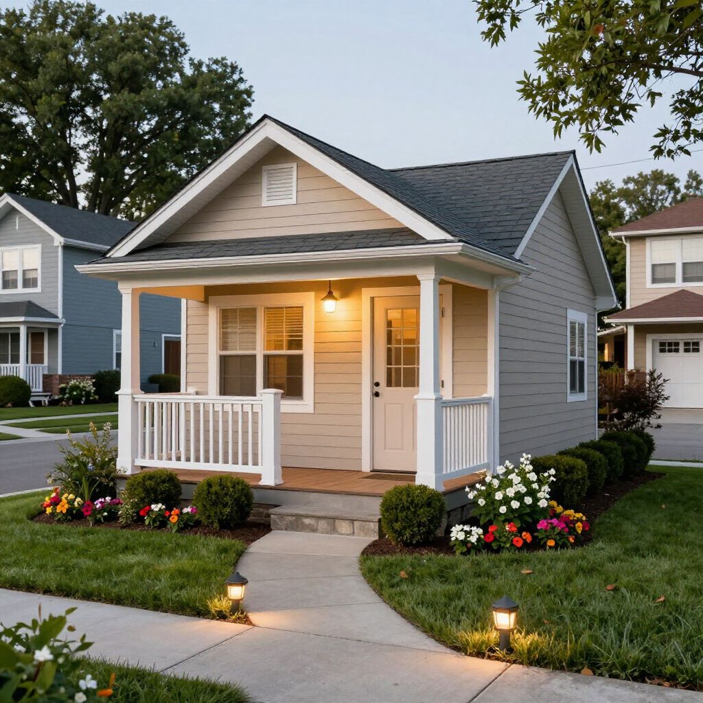 Small beige house with white porch and lit garden path at dusk