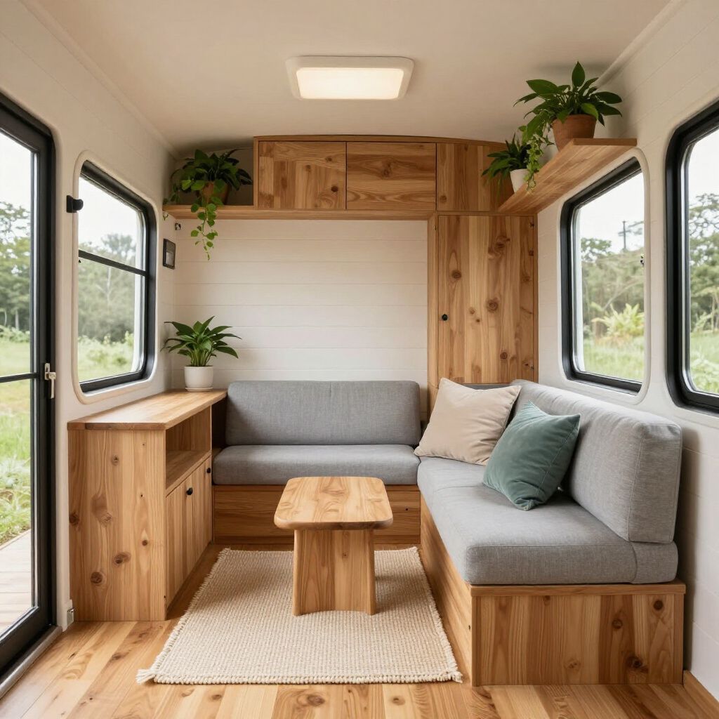 Cozy camper van interior with gray seating, wood cabinets, and small plants by the windows