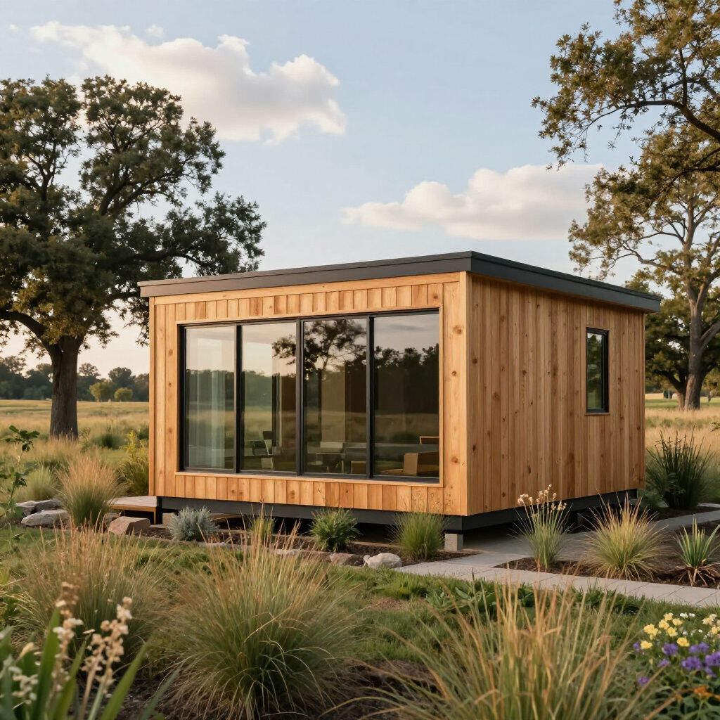 Modern small wooden cabin with large glass doors in a grassy field under a partly cloudy sky