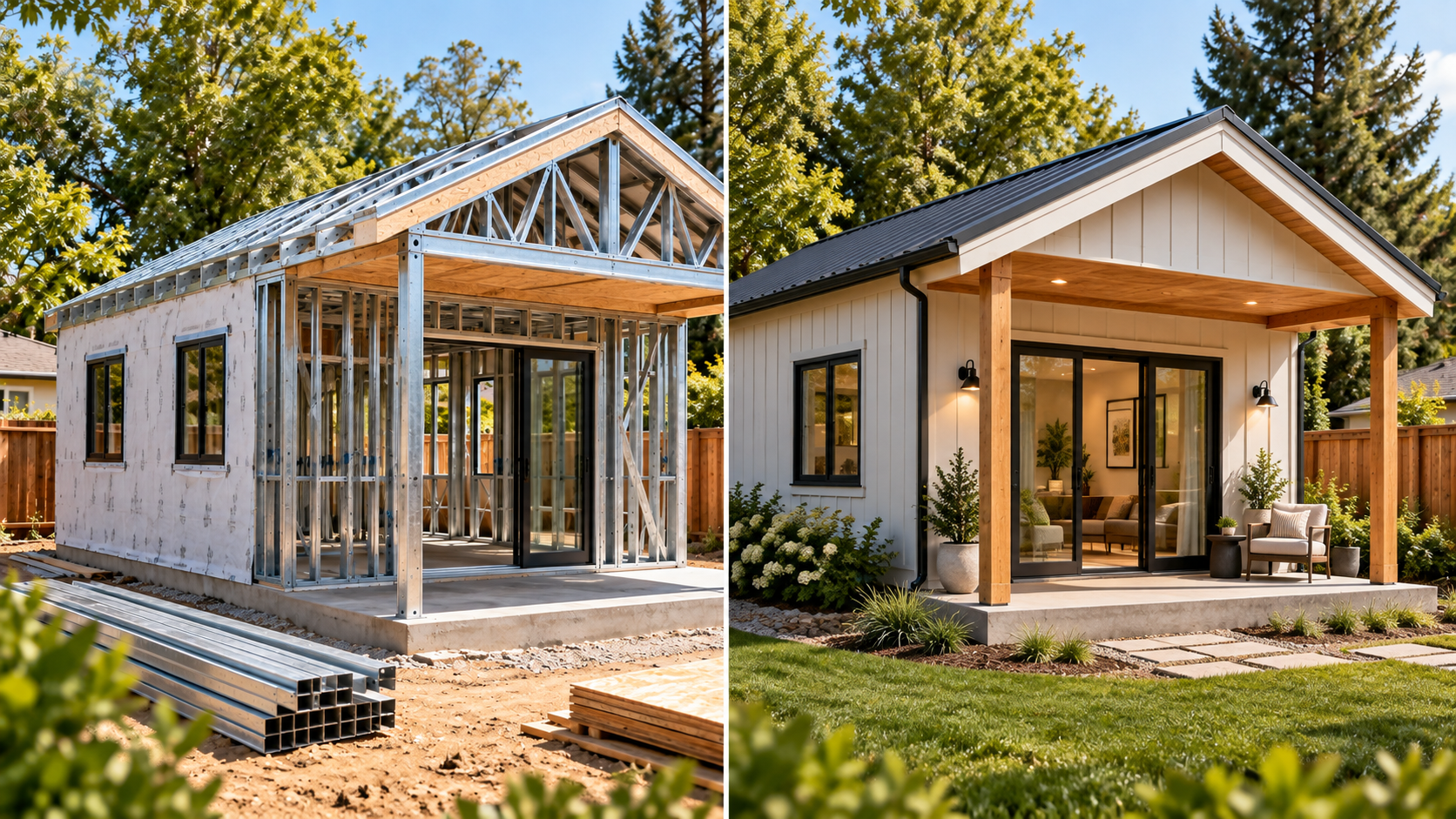 Side-by-side tiny house construction: unfinished wooden frame and a finished beige home with porch and landscaping