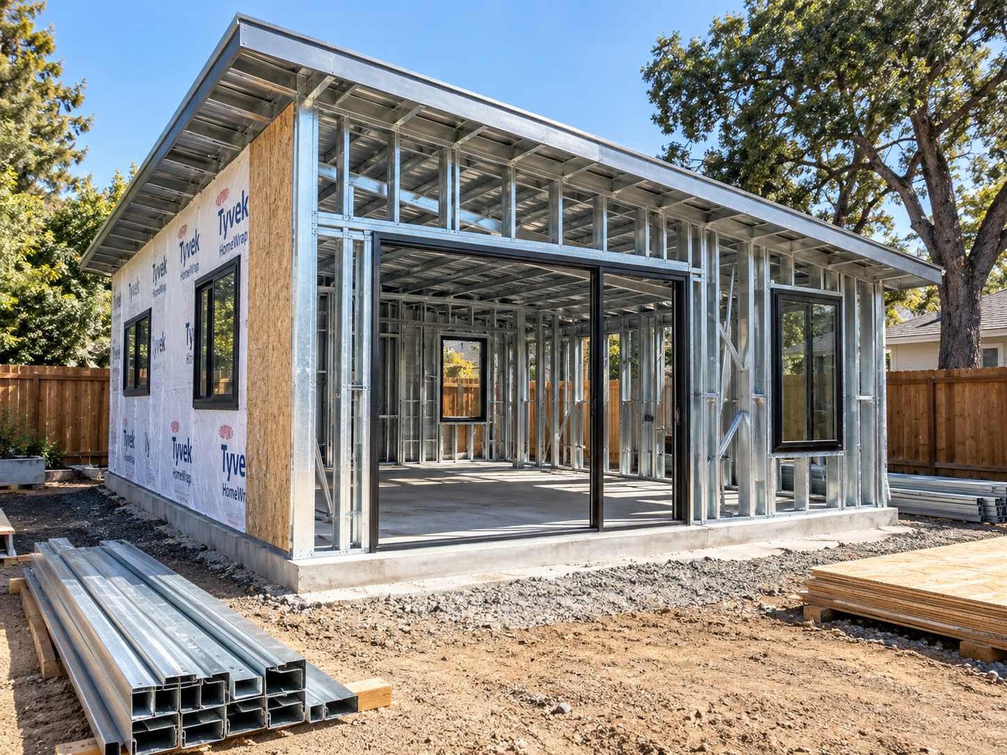 Partially built house with exposed metal framing and windows on a dirt lot