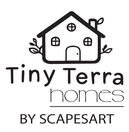 Tiny Terra Homes by ScapesArt logo with a simple black house illustration and text