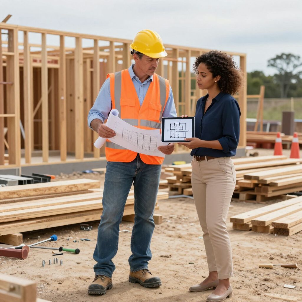 Construction workers reviewing blueprints at a building site, with lumber, framing, and safety gear visible.