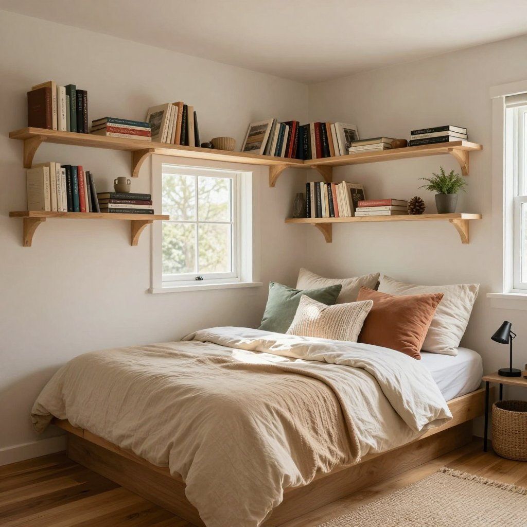 Cozy bedroom with beige bedding, floating bookshelves, and a small window