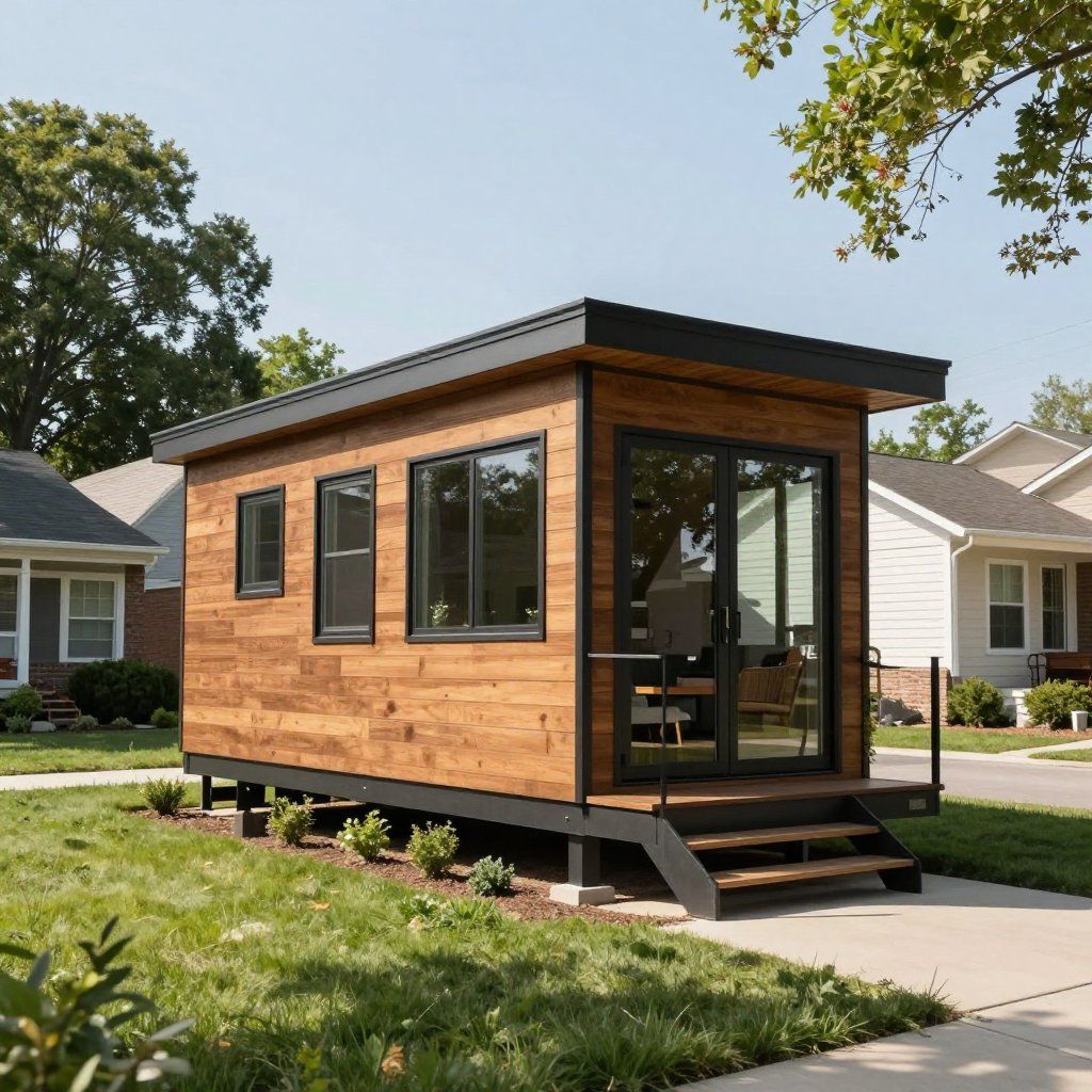Tiny modern wooden house on a trailer in a suburban yard, with large windows and a front porch.