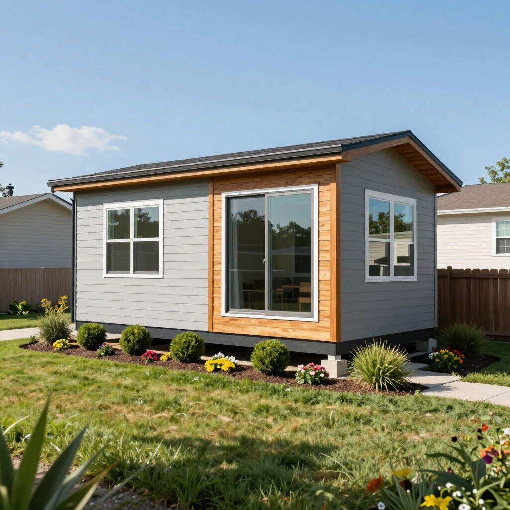 Small gray prefab-style house with wood trim and a front window, set on a grassy suburban lot