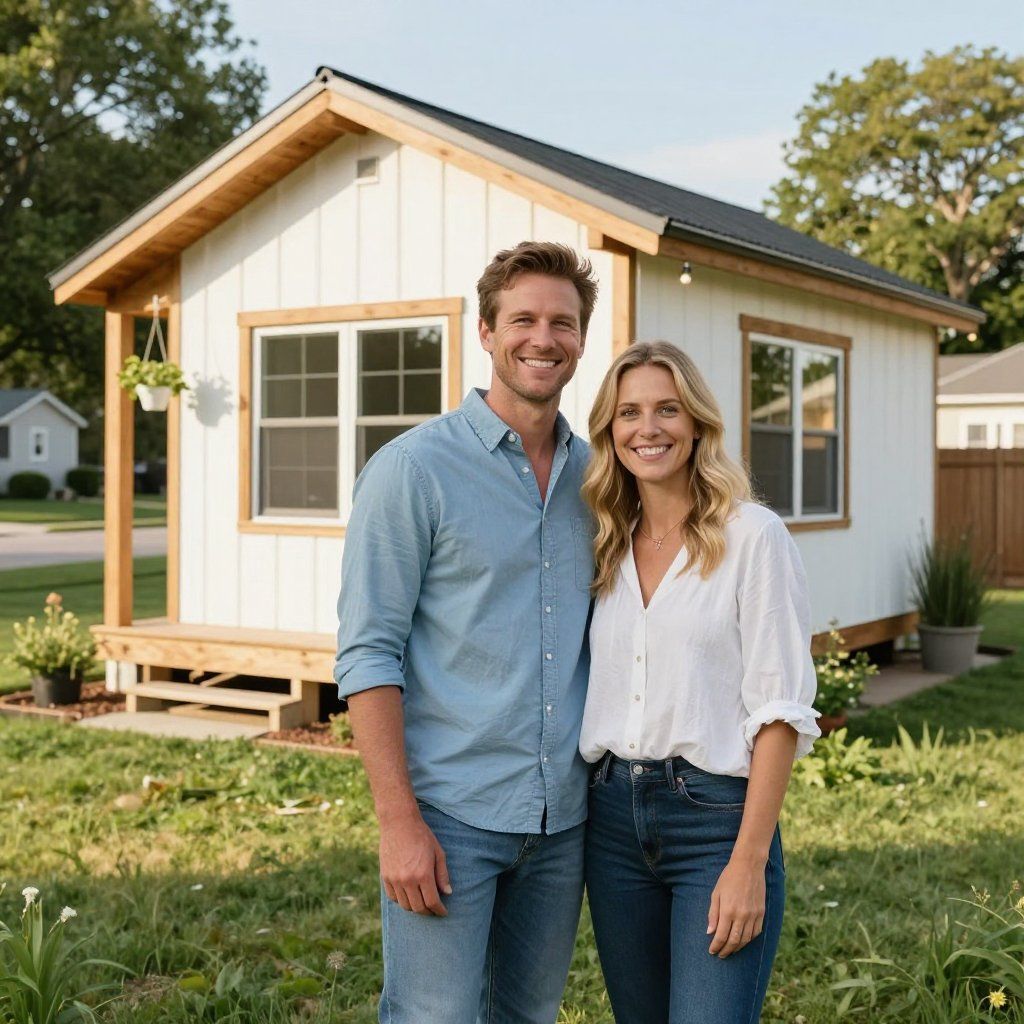 Smiling couple standing in front of a small white cottage with a porch in a grassy yard
