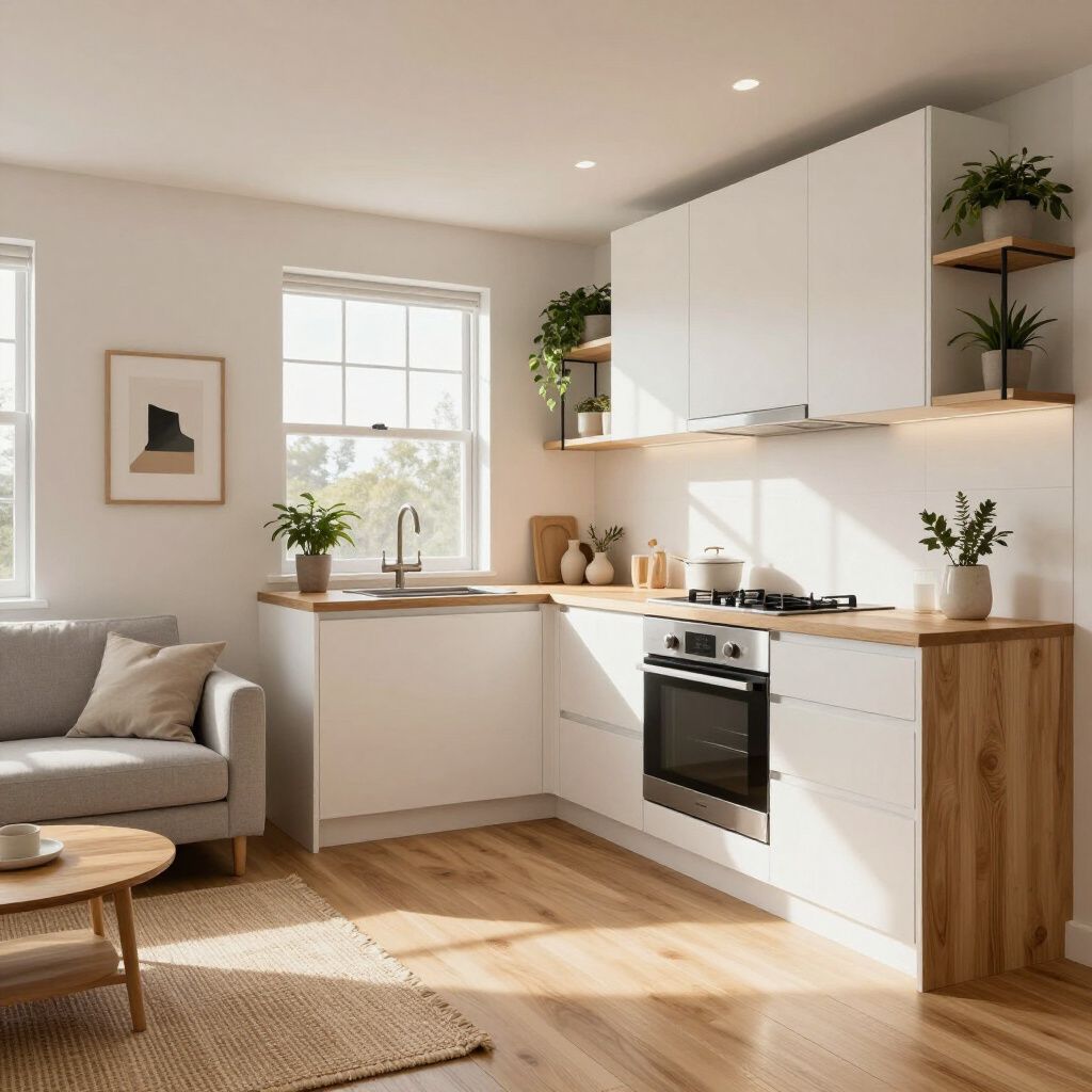 Bright modern kitchen with white cabinets, wooden accents, sunlight, and a sofa in the adjacent living area