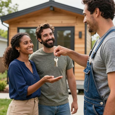 Two people receive house keys from a smiling agent outside a wooden home