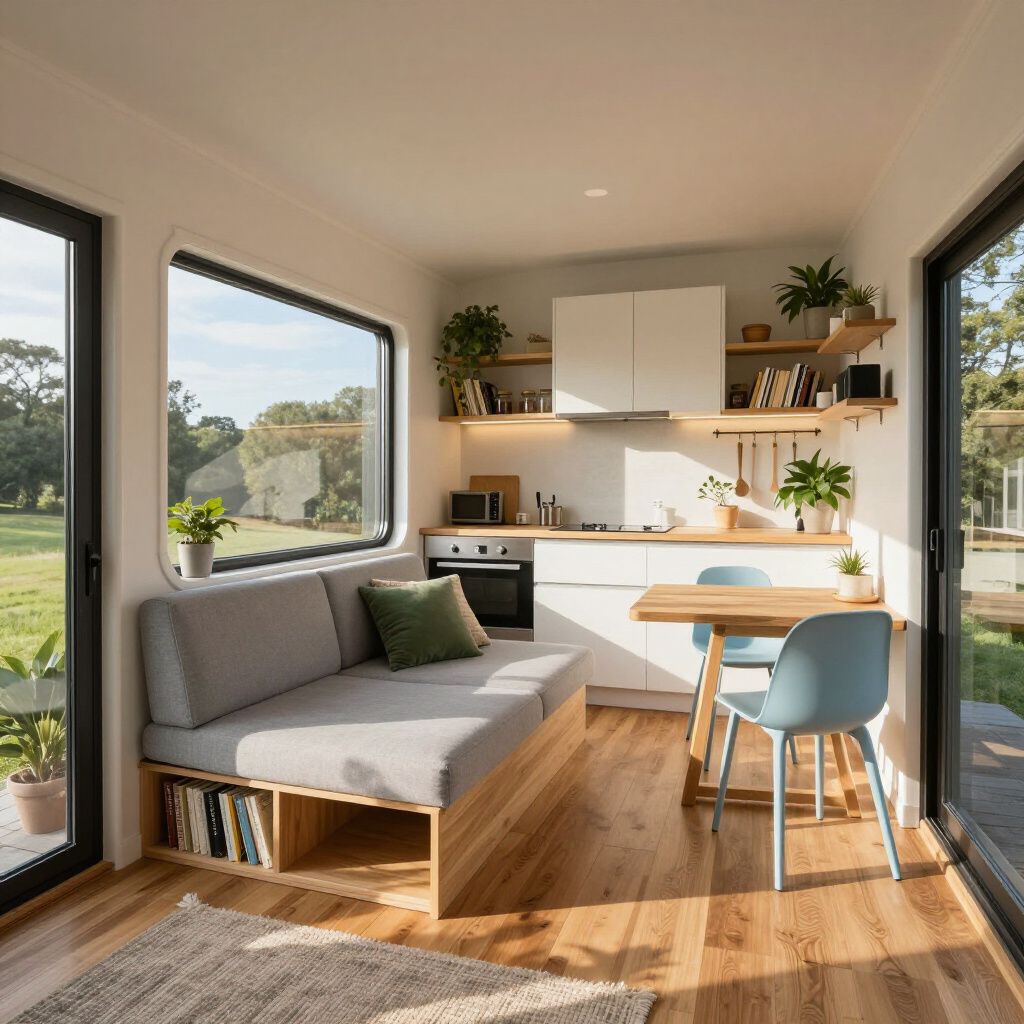 Cozy sunlit tiny house living room with gray sofa, kitchen nook, wood floor, and desk by windows