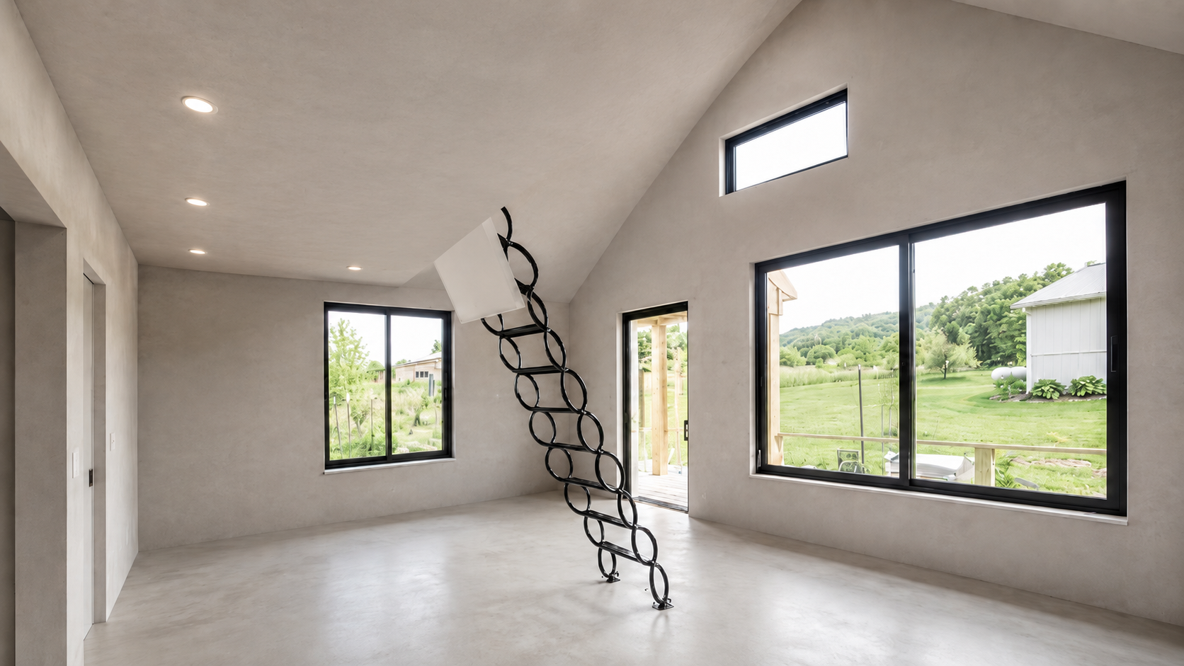 Bright empty modern room with tiled floor, large windows, and a spiral staircase leading up to a loft opening