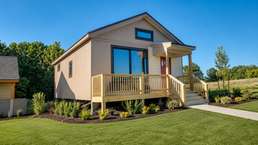 Small tan house with a front porch, blue shutters, and a green lawn on a sunny day