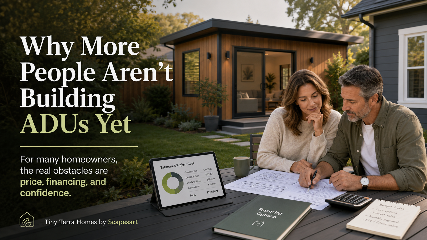 Couple reviewing ADU plans at a patio table with a tiny home and headline, “Why More People Aren’t Building ADUs Yet”