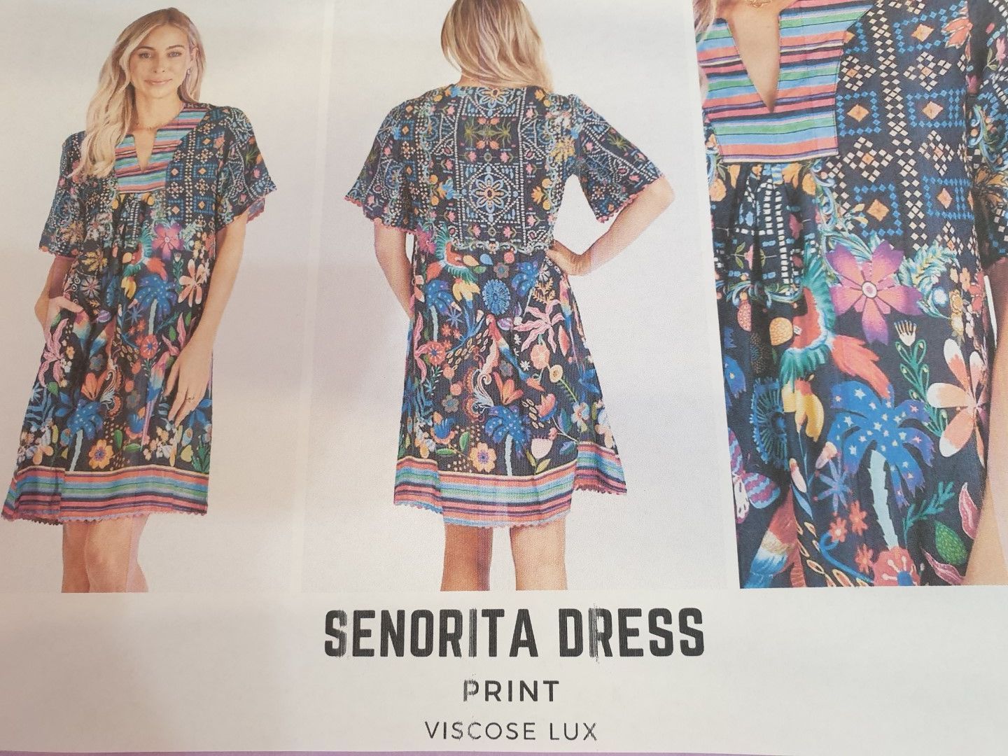 Woman in Senorita print dress, front and back view. Floral and geometric print, blue, pink, and green colors.
