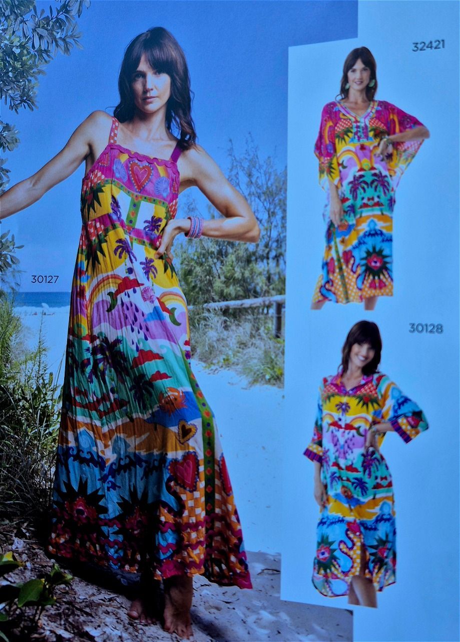 Woman in colorful tropical maxi dress, posing outdoors. Two similar dresses are on a white background.