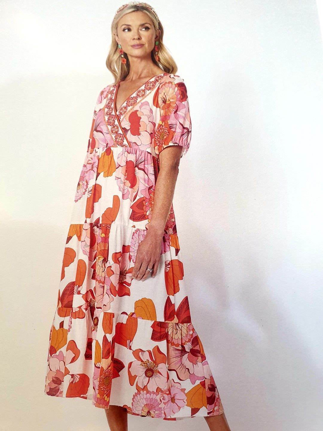 Woman wearing a floral, pink, and orange dress with a V-neck, standing against a white backdrop.