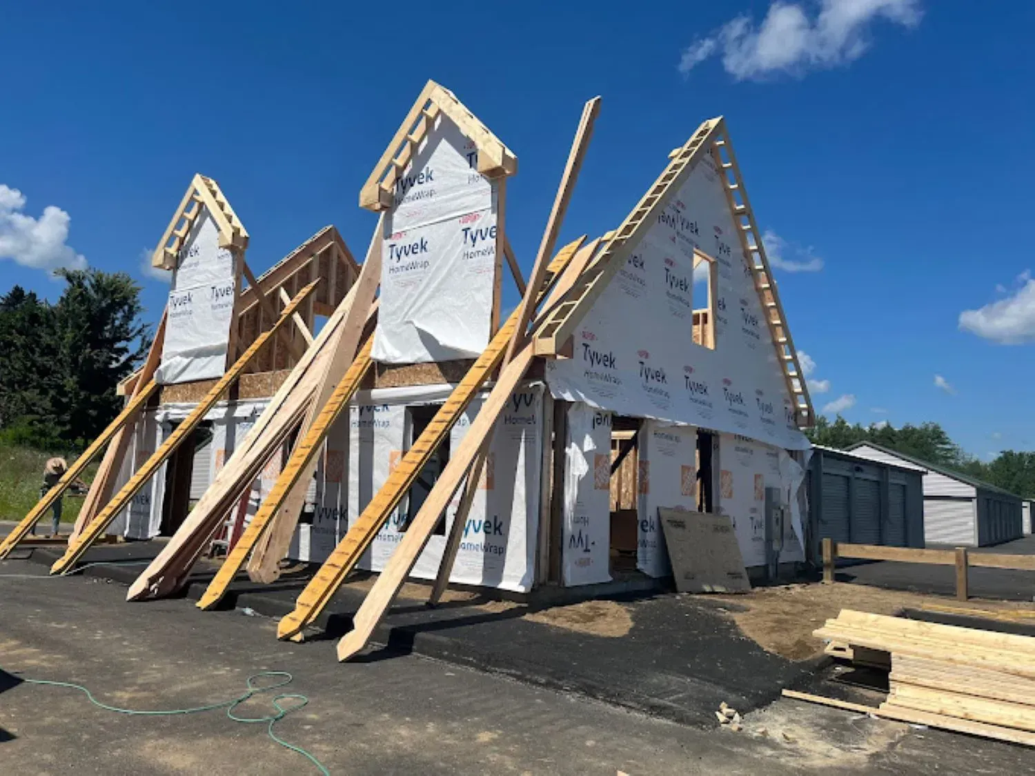 A house is being built with a lot of wood.