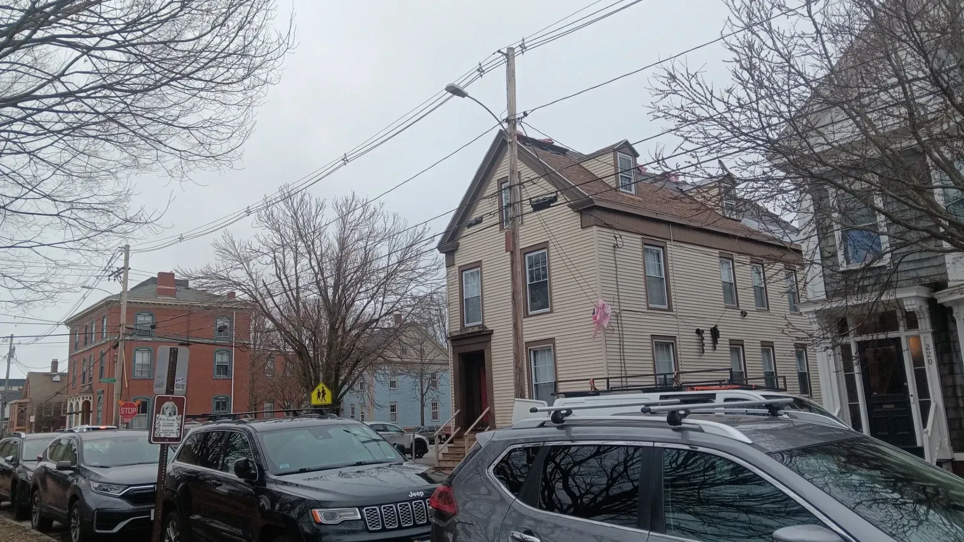 Snowy street with parked cars beside old buildings and bare trees under a gray sky