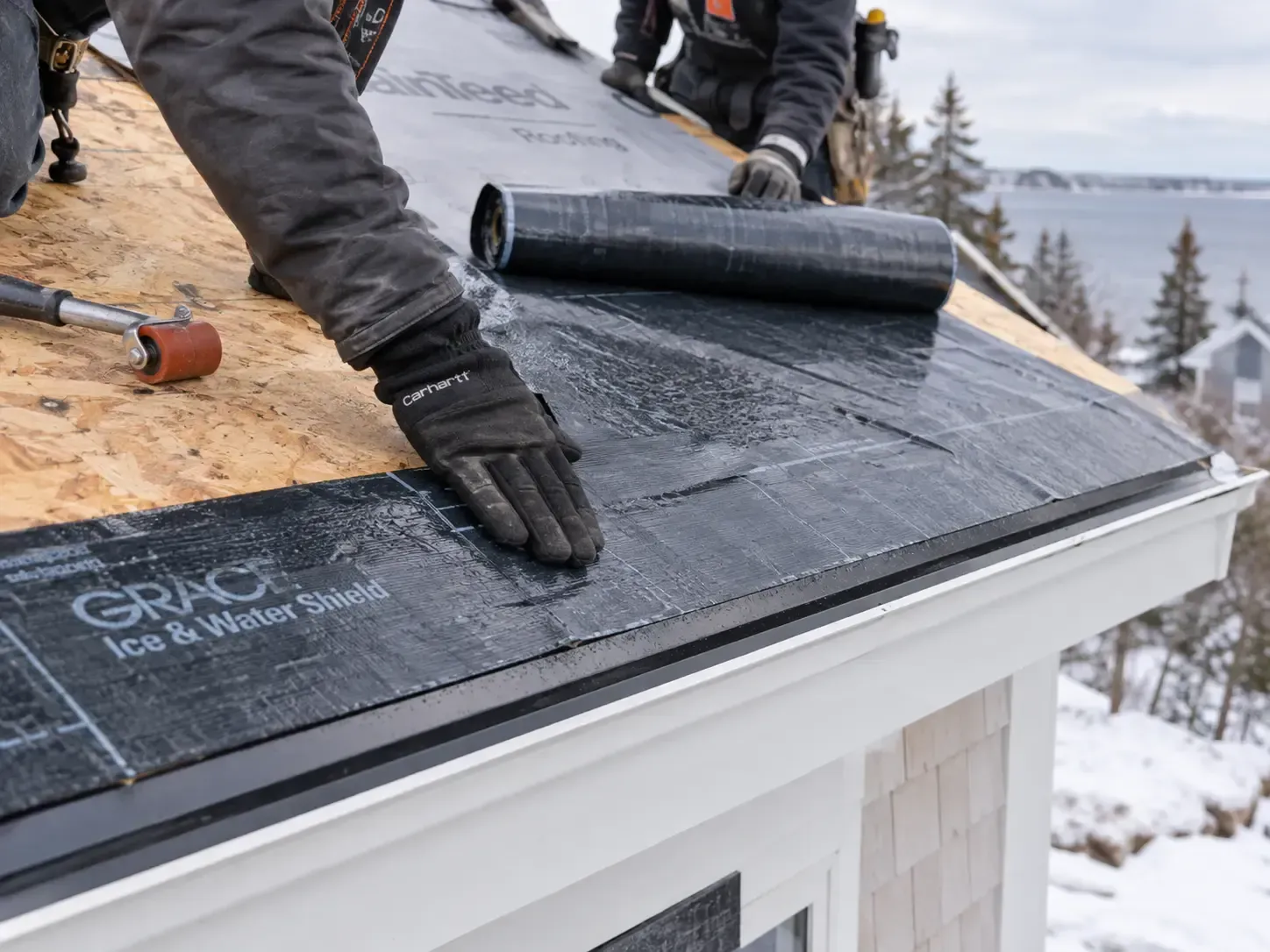 Worker installing black roofing underlayment on a snowy house roof