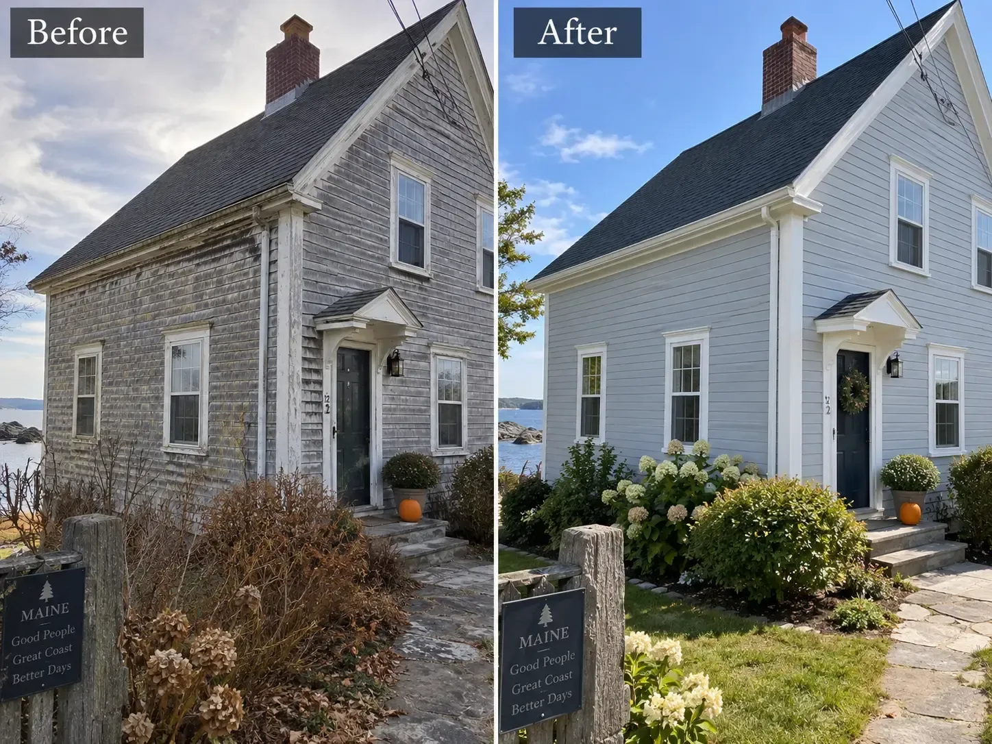 Before-and-after photo of a gray cottage exterior transformed to light blue siding with new landscaping.
