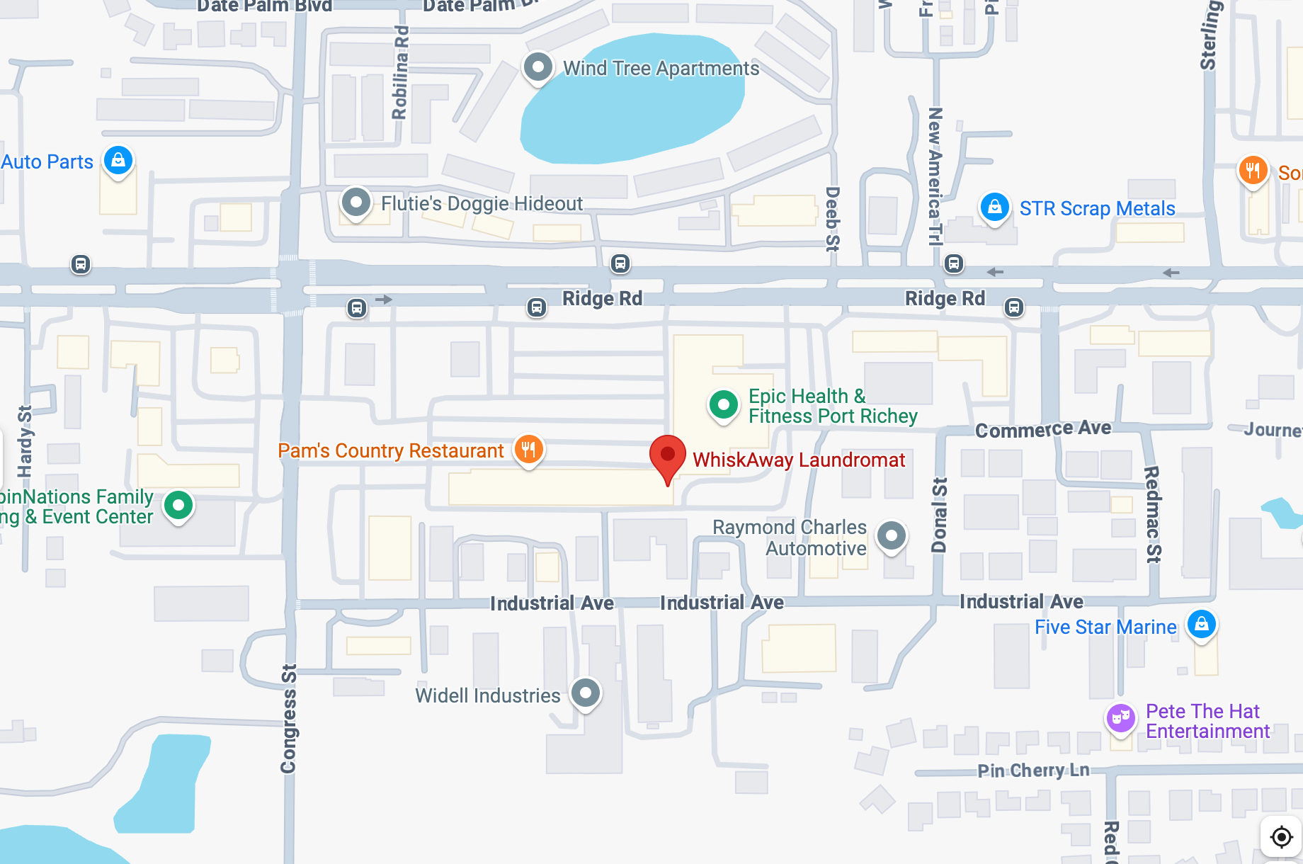 Map showing WhiskAway Laundry at 6642 Ridge Road in Port Richey