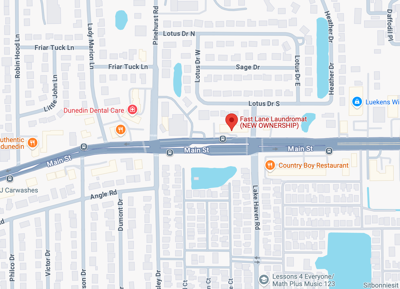 Map showing WhiskAway Laundry at 1340 Main Street in Dunedin