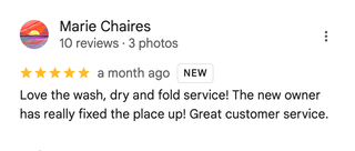 Google review by Marie Chaires about wash, dry and fold service